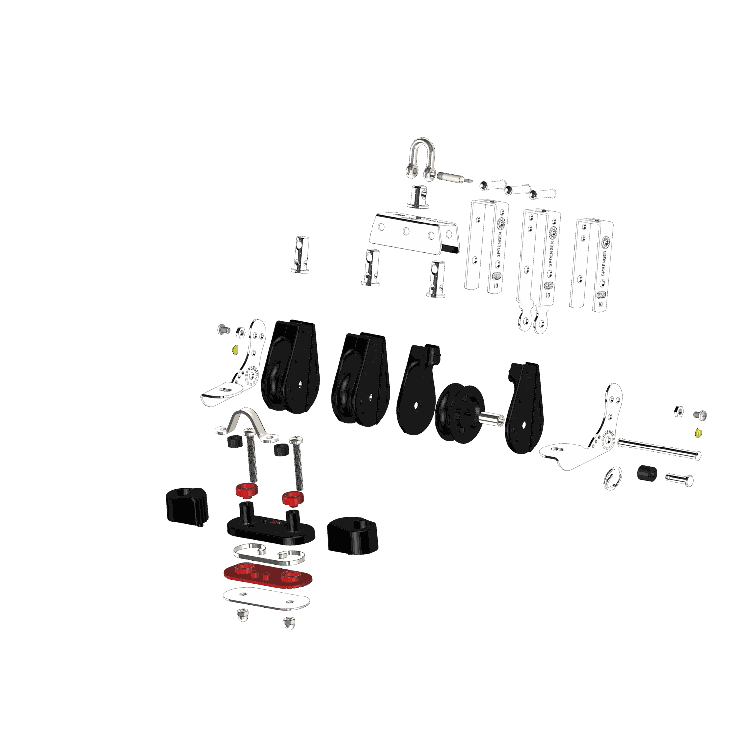 S-Block Großschotblock Gleitlager 10 mm - 3 Rollen, Hundsfott, Schotklemme, Wirbel